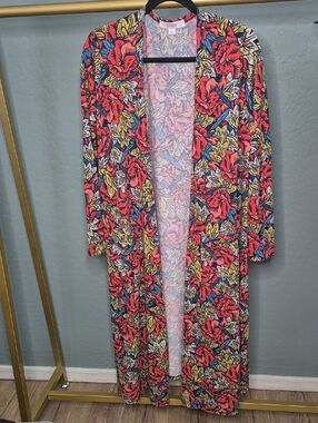 LuLaRoe Sarah Long Floral Print Cardigan Coral, Blue & Yellow